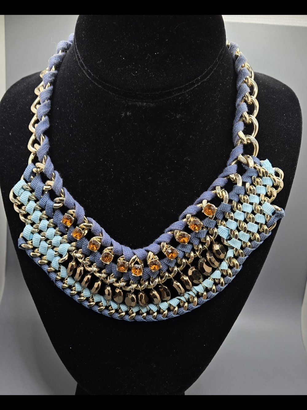 Banana Republic Blue Fabric Wrapped Chain Necklace w/ Amber Stones